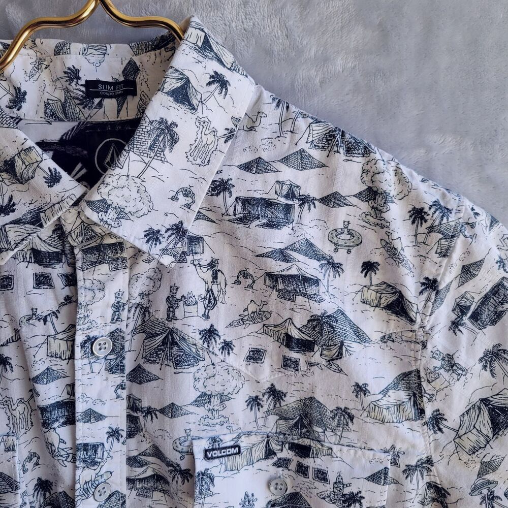 Volcom White Cairo Print Button Down Shirt Size M… - image 4